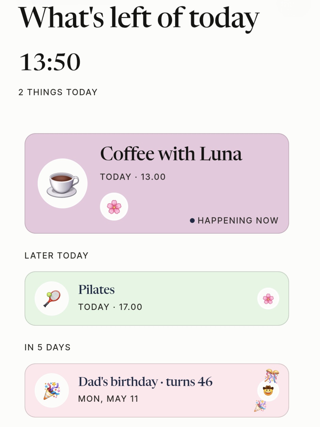 FamFeel dashboard preview Event detail