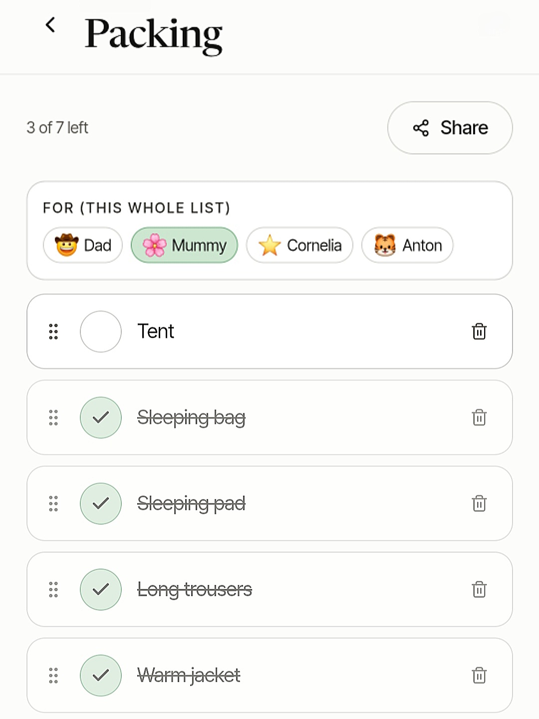 FamFeel dashboard preview Shared list